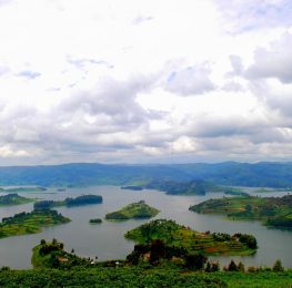 Scenic view of Lake Bunyonyi Uganda and its islands.